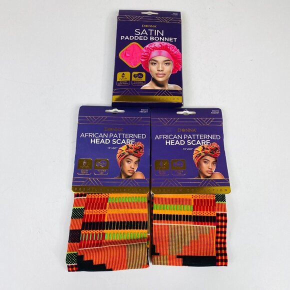 Donna African Patterned Head Scarves 13"x60" & Satin Padded Bonnet Set (3-Pack) - Picture 2 of 6